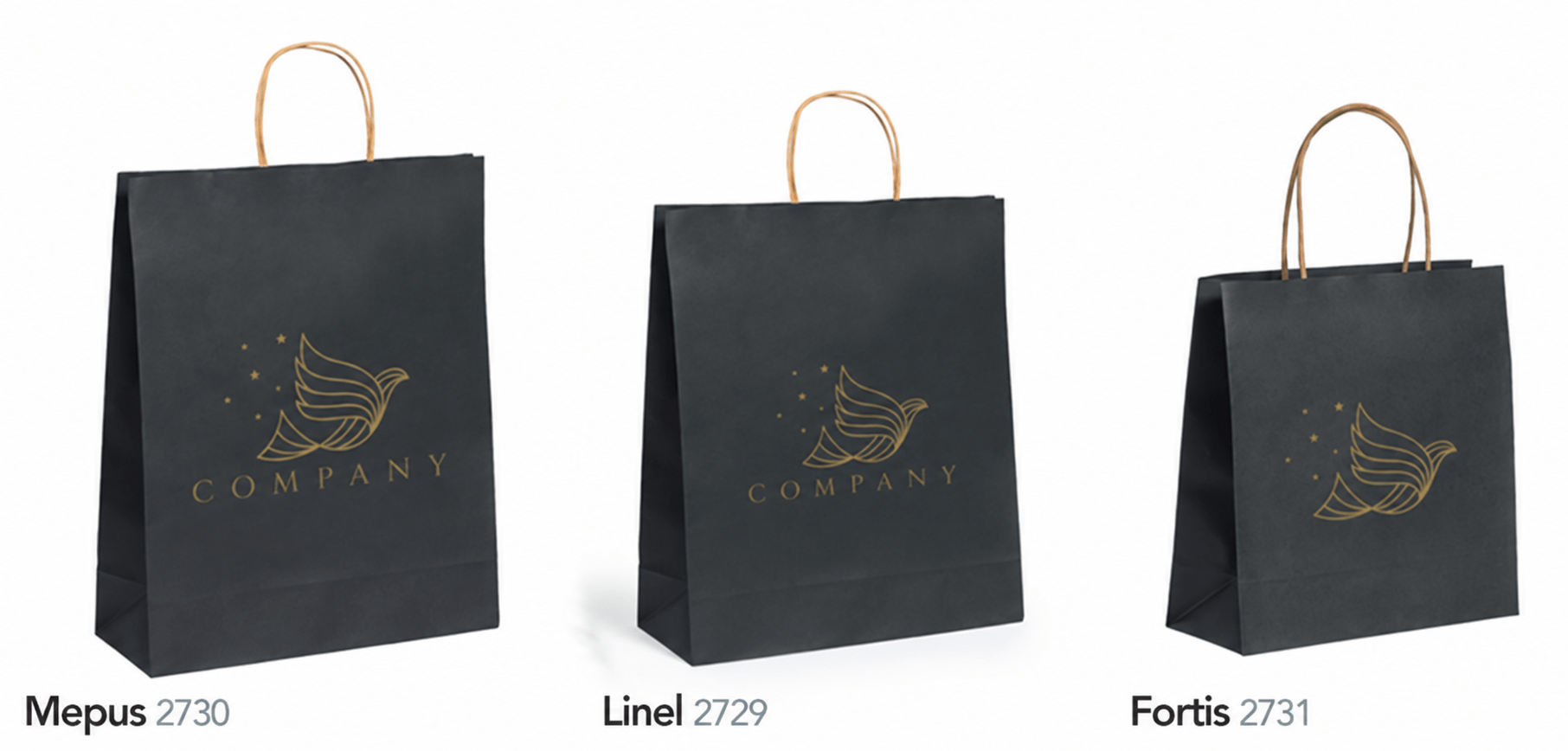 Bolsas de papel negras con asas naturales en tres tamaños